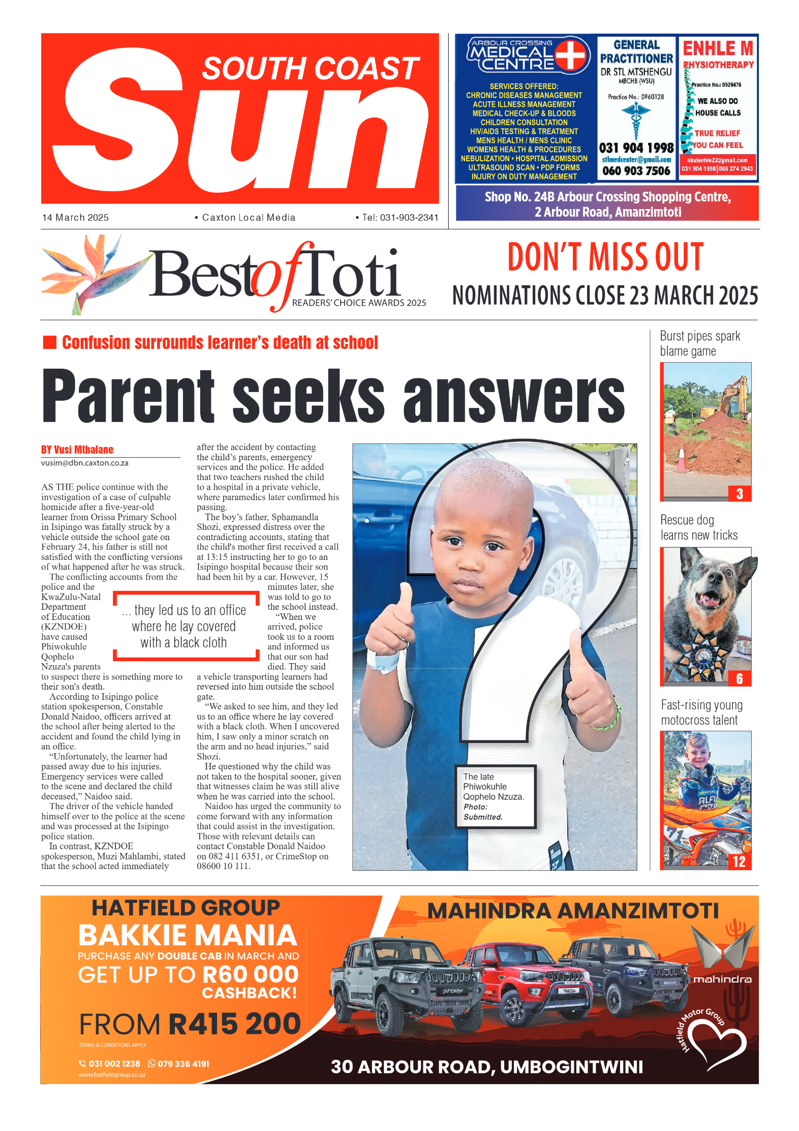 South Coast Sun 14 March 2025 page 1