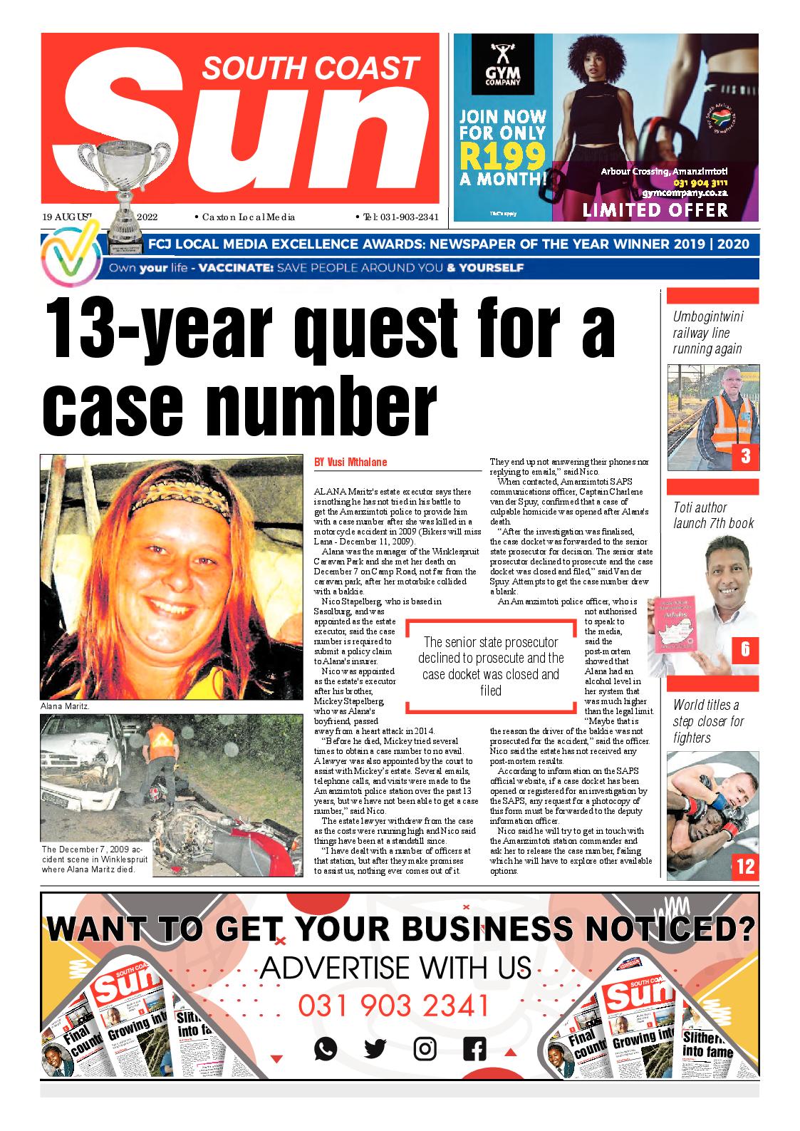 South Coast Sun 19 August 2022 page 1