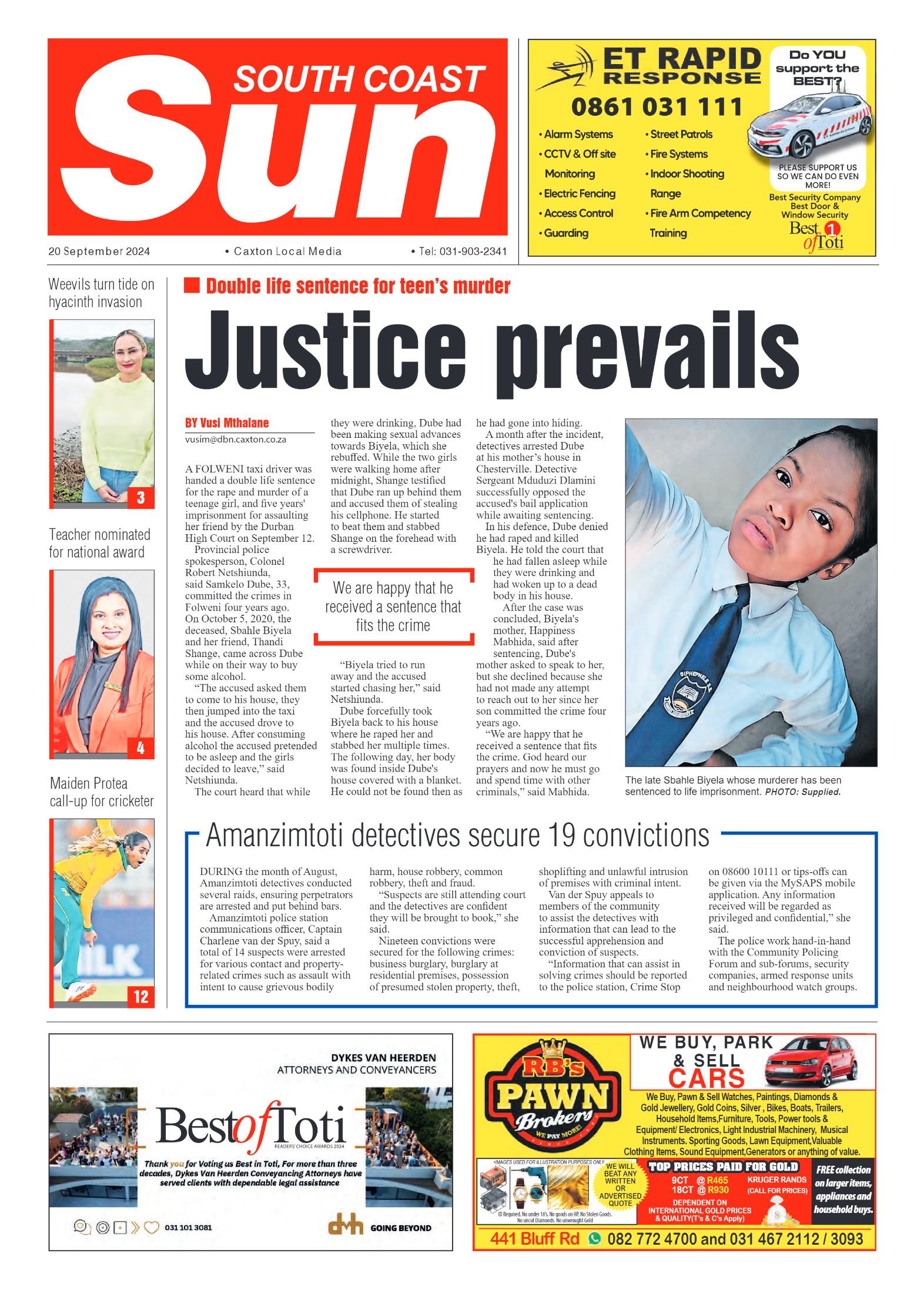 South Coast Sun 20 September 2024 page 1