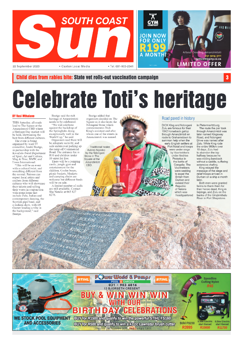 South Coast Sun 22 September 2023 page 1
