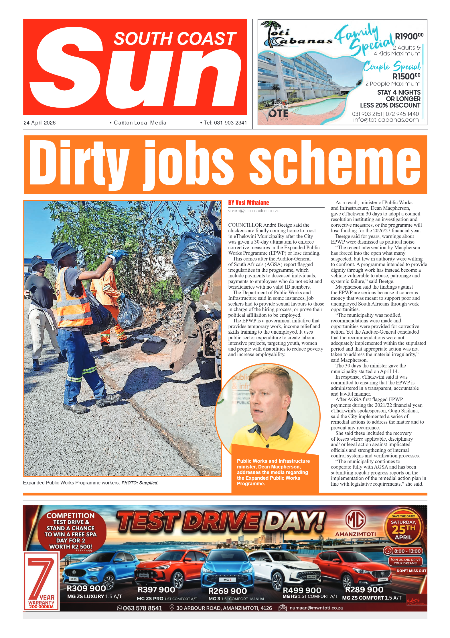 South Coast Sun 24 April 2026 page 1