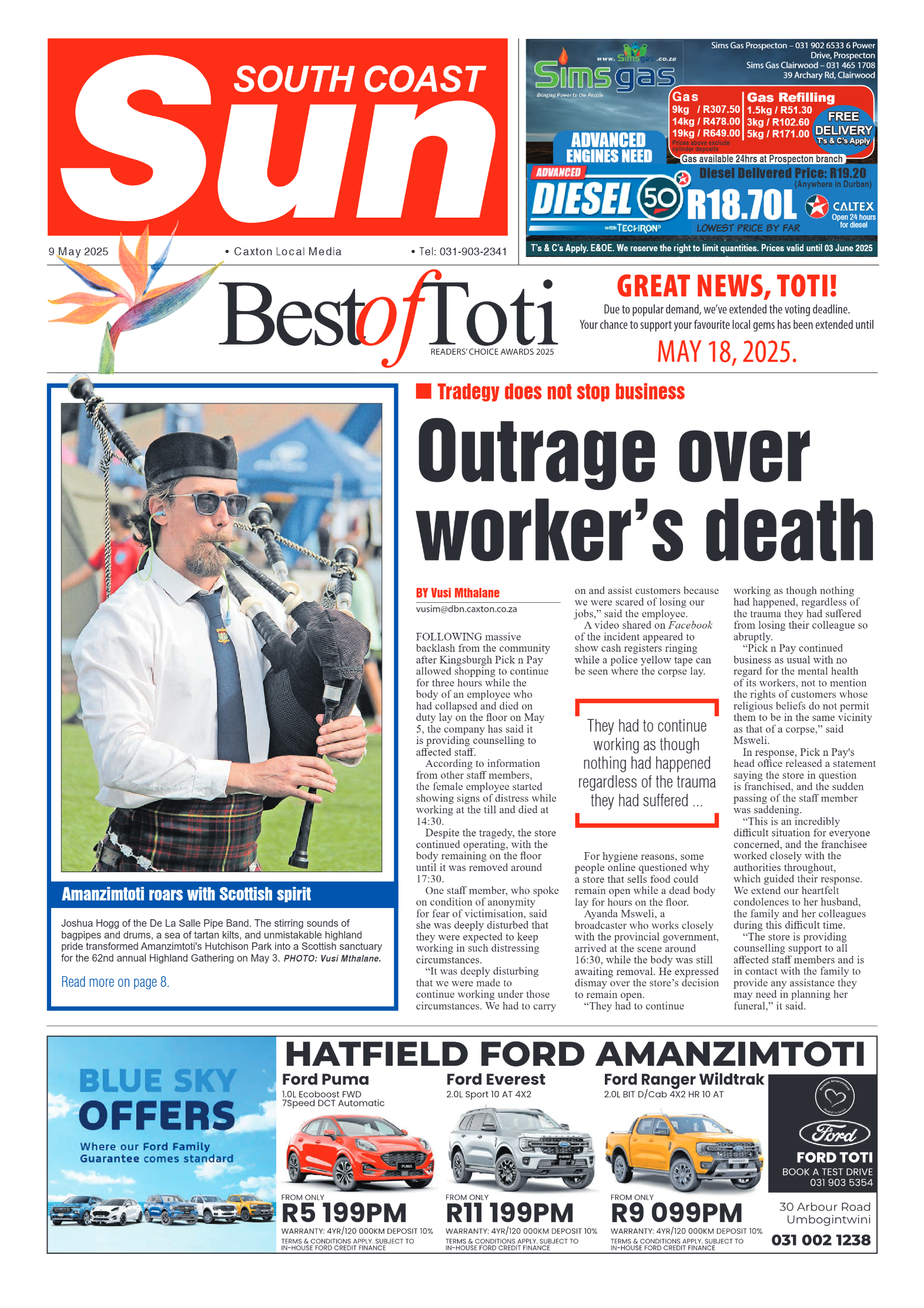 South Coast Sun 9 May 2025 page 1