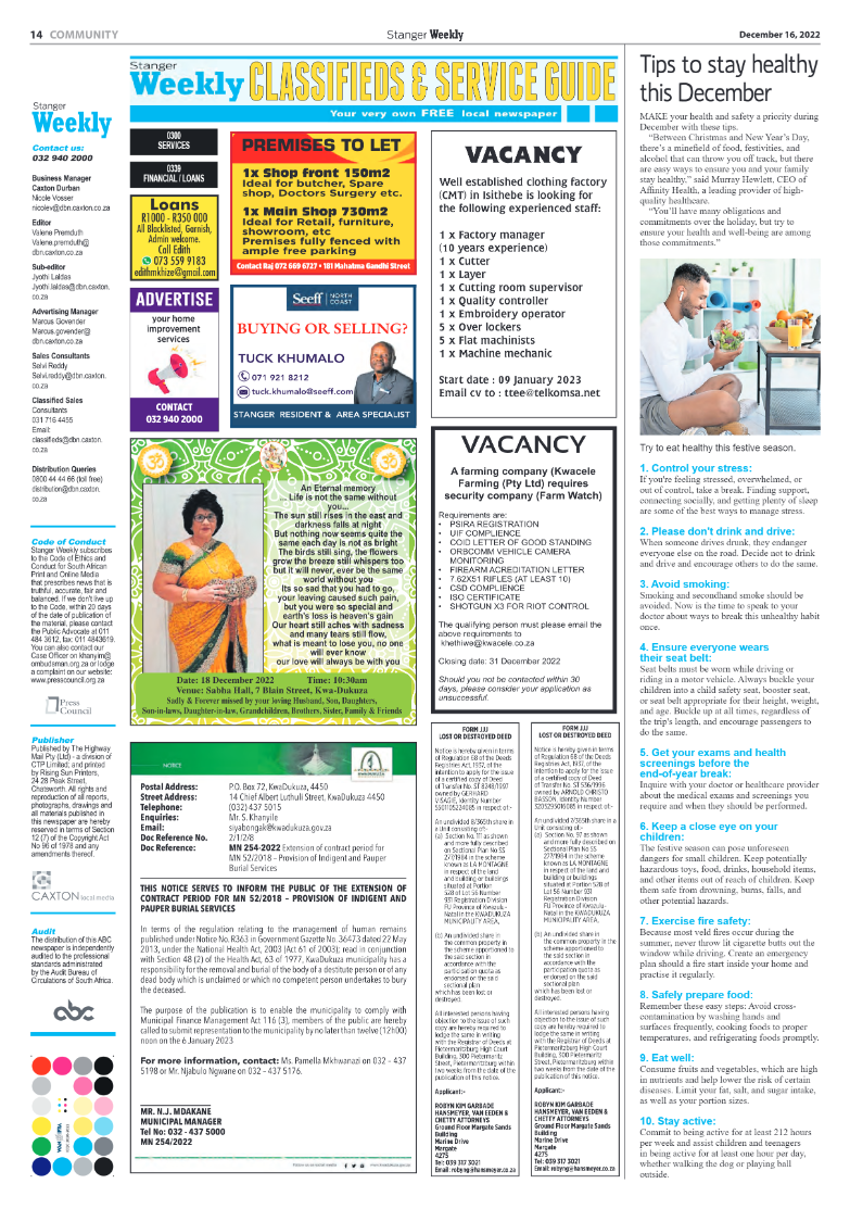 Stanger Weekly 16 December 2022 page 14